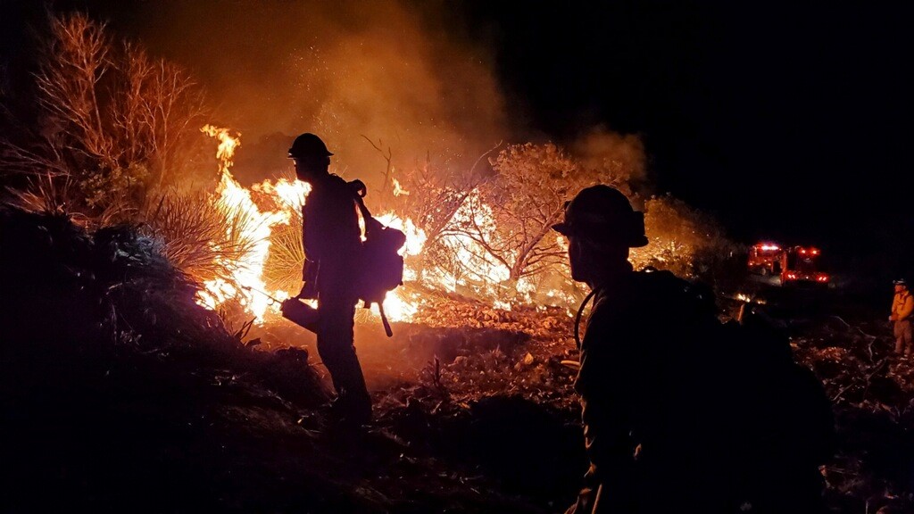 Two firefighters standing in front of a fire at night
