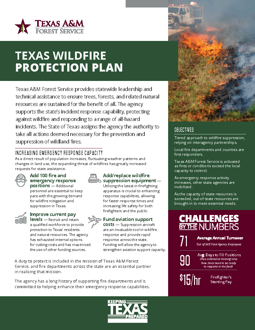 Cover image of one pager outlining a request of legislative support of the Texas A&M Forest Service for a comprehensive wildfire protection plan for Texas