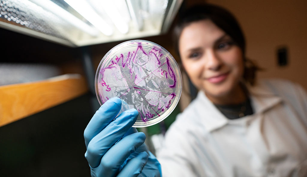 young woman in lab coat blurred behind her gloved hand holding a petri dish